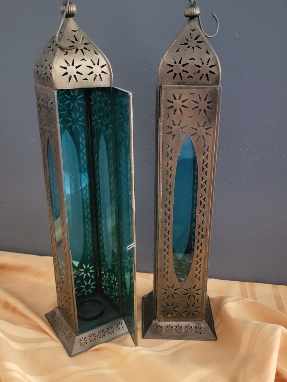 Decorative Brass Lanterns with Teal Glass Panels - Set of 2